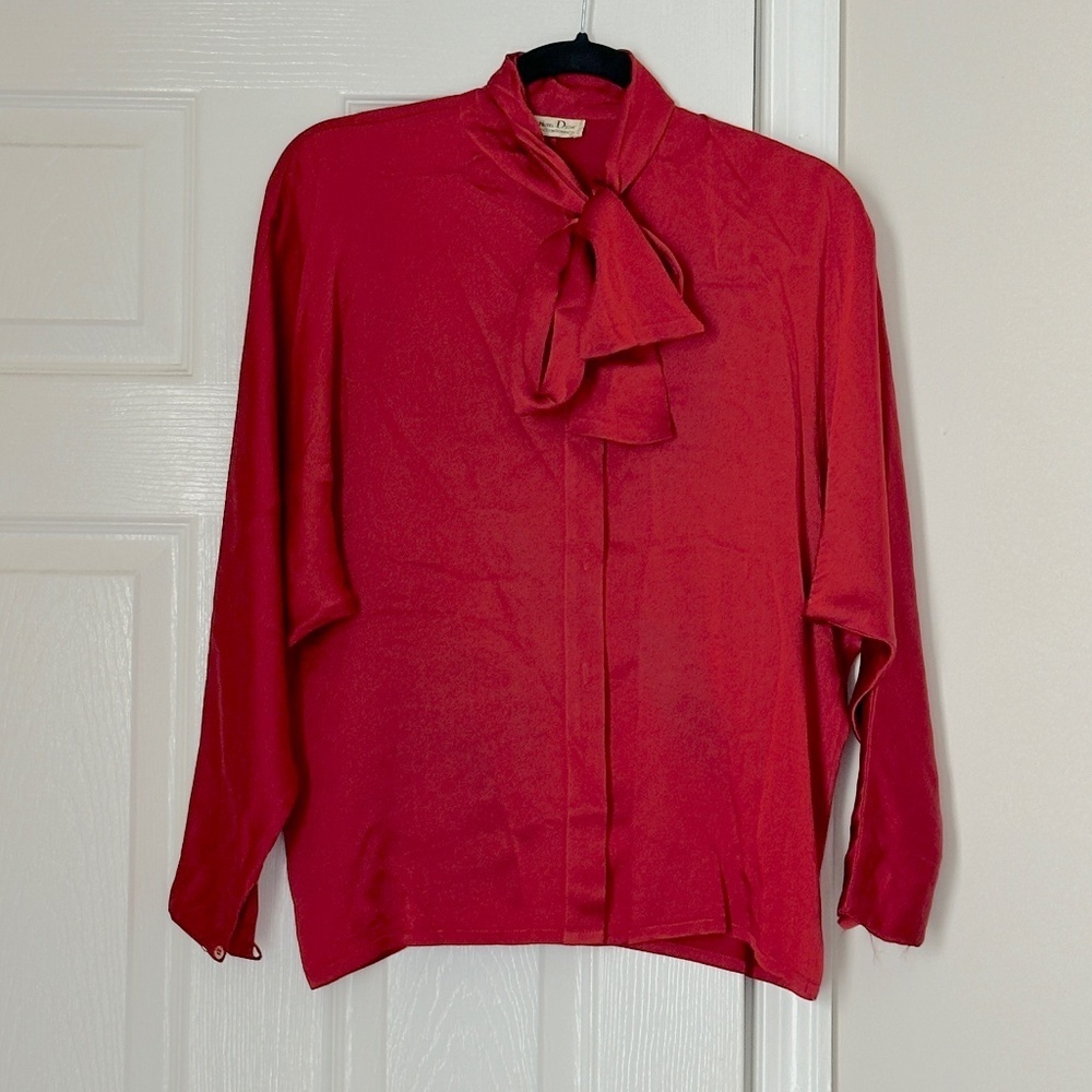 Vintage 70's 80's Christian Dior Tricots et Coordonnés Red Silk Blouse Tie 44 12